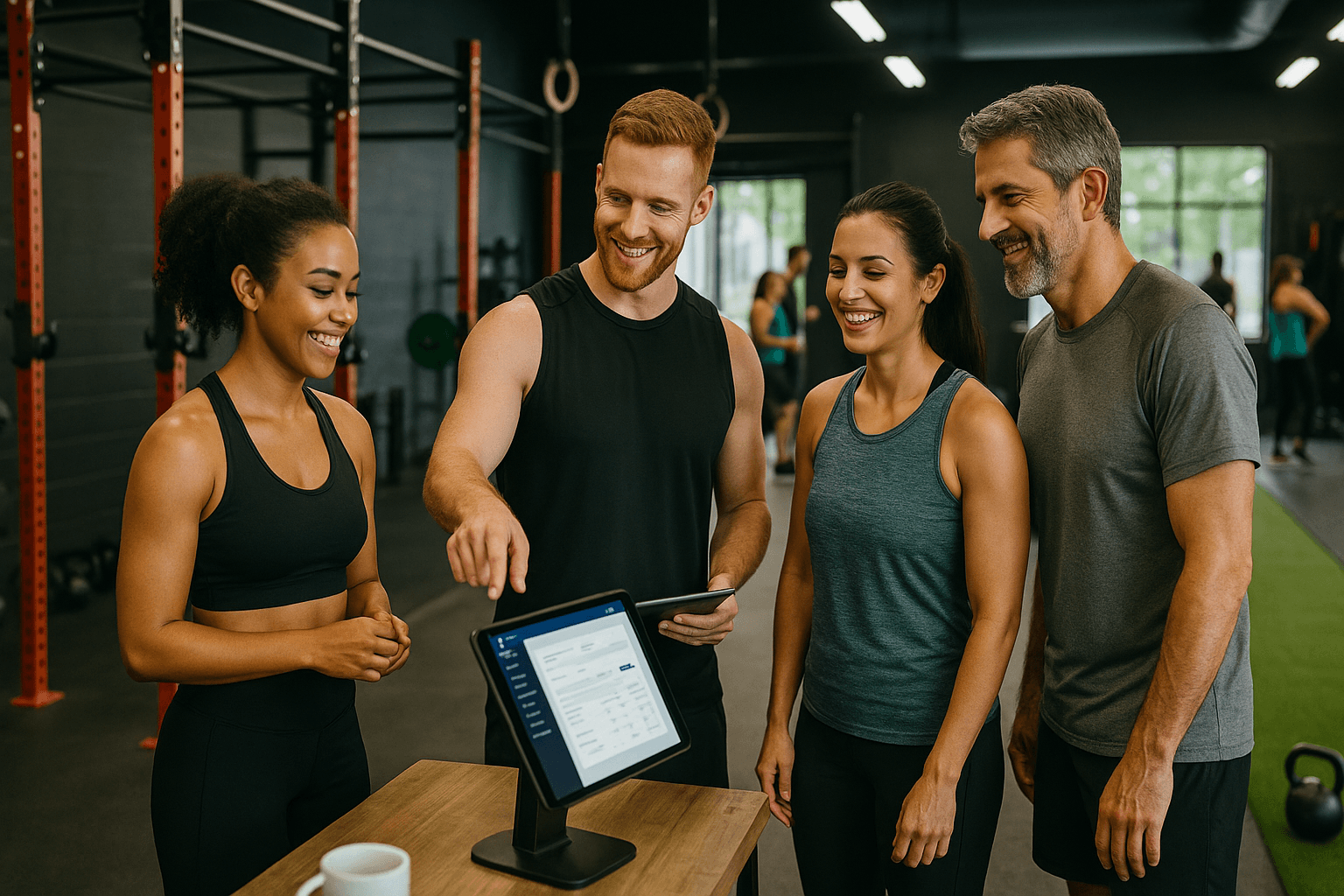 Gym members interacting during class, highlighted by community stats in Zen Planner
