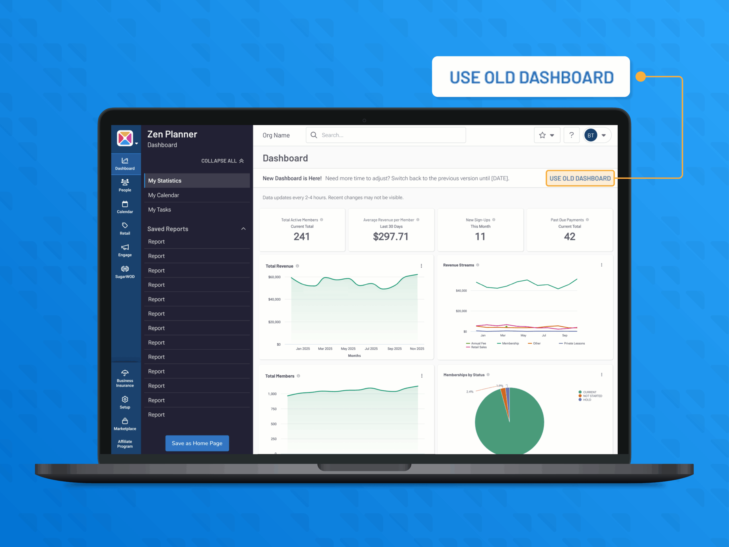Screenshot of the new Zen Planner dashboard showing member counts, revenue trends, and attendance insights in a clean layout.