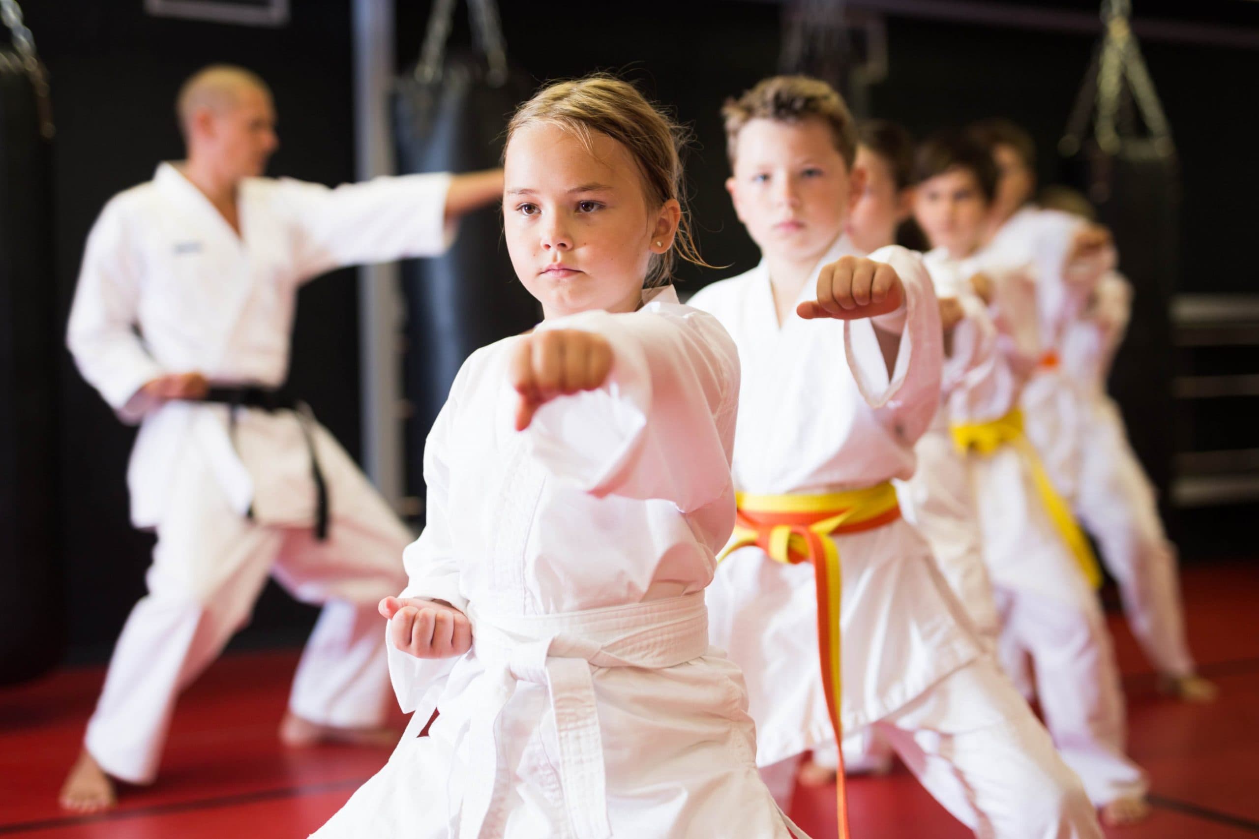 Children practicing karate punches in a martial arts class while an instructor demonstrates techniques in the background.